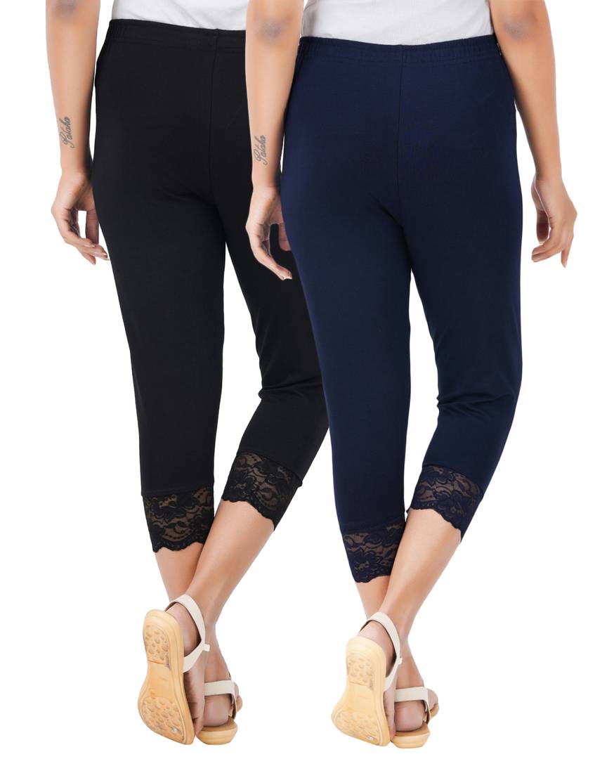 Reliable Cotton Blend Solid Skinny Fit 3/4 Capris Leggings For Women-Pack of 2